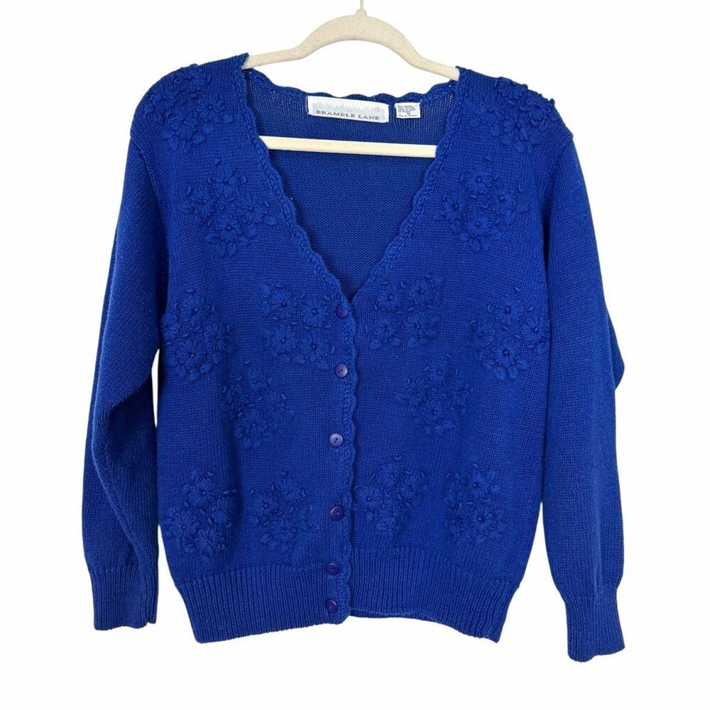Bramble Lane Sweater Womens Medium Blue Embroidered Floral V-Neck Knit Cardigan